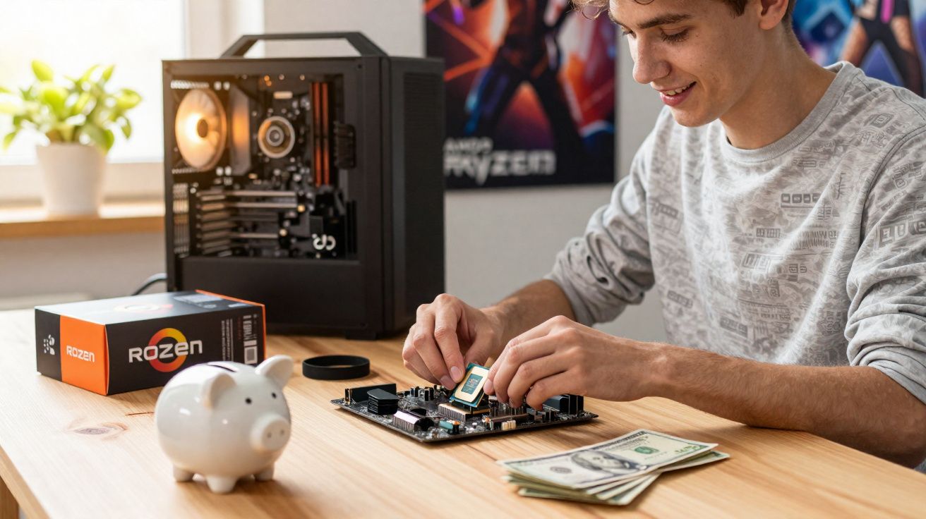 Jovem a montar processador numa placa-mãe, com computador, caixa de processador, mealheiro e dinheiro em cima da mesa.