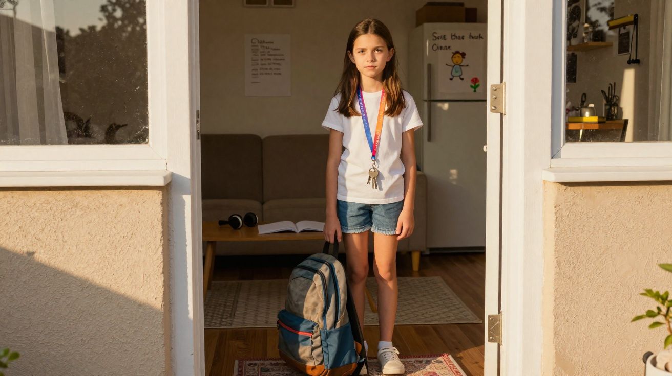 Menina jovem de cabelo castanho, com mochila, parada à porta de uma casa iluminada pelo sol.