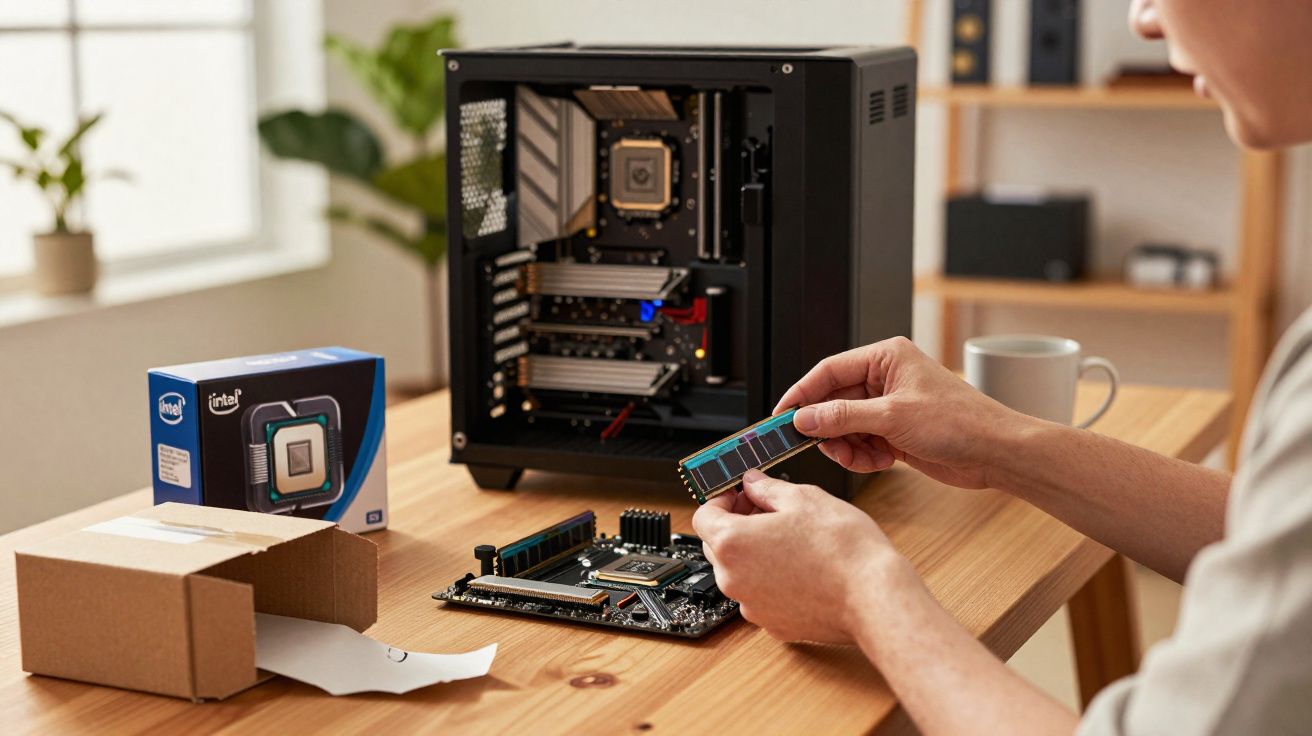 Pessoa a montar um computador com placa-mãe, memória RAM e caixa aberta numa mesa de madeira.