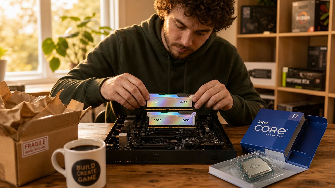 Homem instala memória DDR5 num computador com processador Intel Core i7 aberto na mesa.