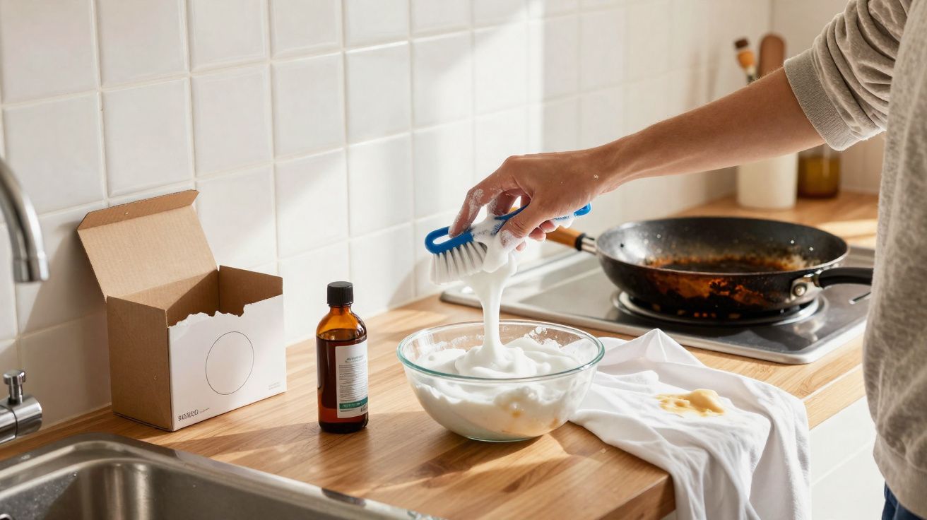 Pessoa a usar escova para limpeza com espuma branca numa bancada de cozinha junto a uma frigideira.