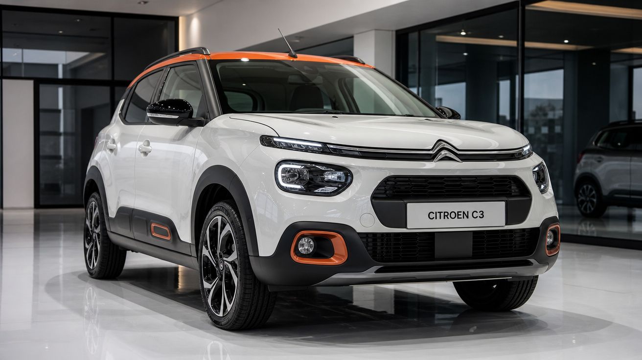 Automóvel Citroën C3 branco com detalhes laranja exibido em sala de exposição moderna.