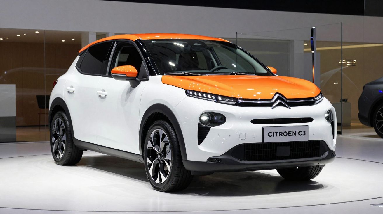 Citroën C3 branco com detalhes laranja exposto numa feira automóvel sob luzes brilhantes.