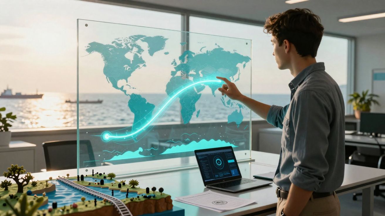 Homem interage com mapa digital transparente mostrando trajetória entre continentes numa sala de escritório moderna.