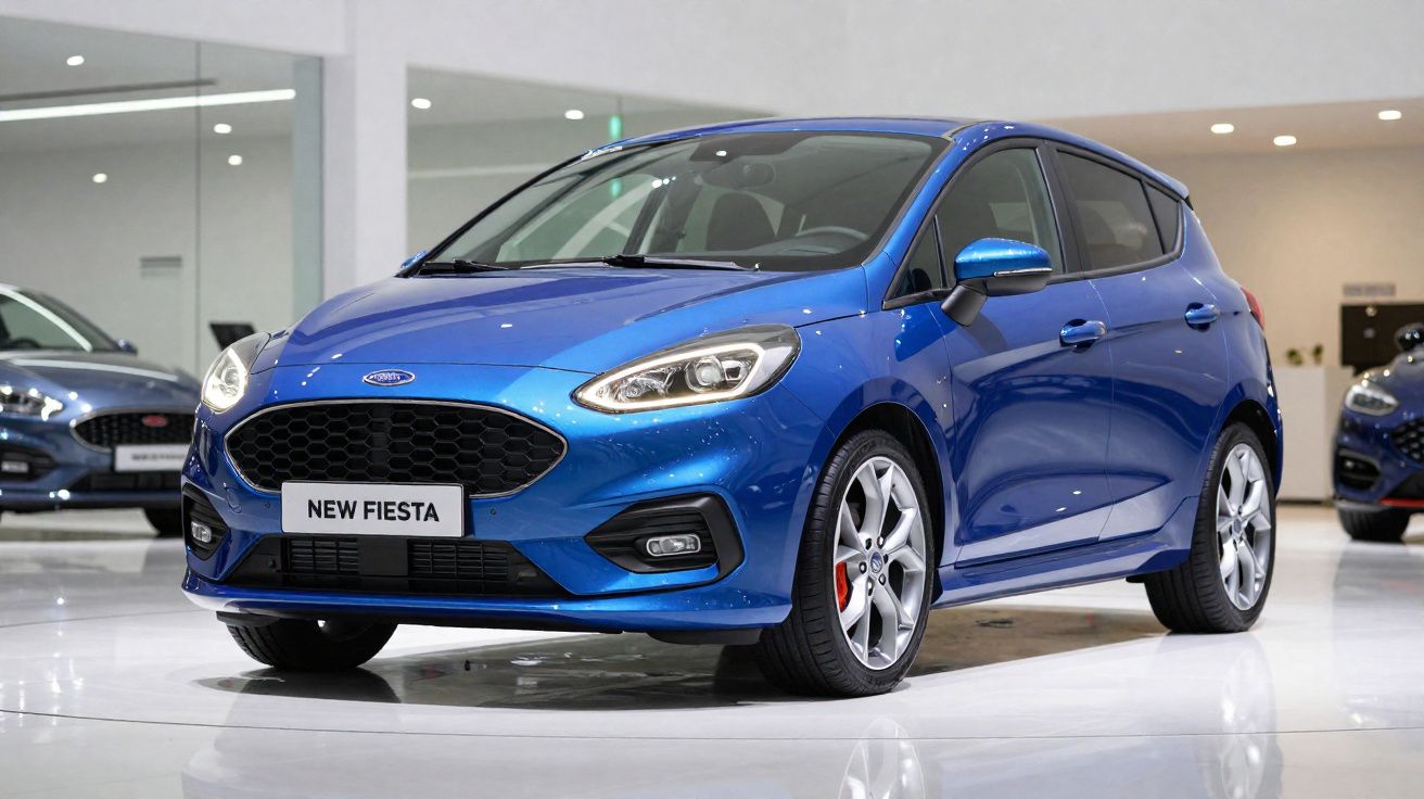 Carro azul Ford New Fiesta estacionado em sala de exposição moderna e bem iluminada.
