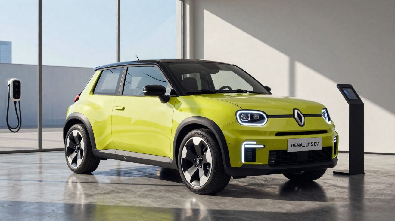 Carro elétrico Renault 5 EV amarelo estacionado em espaço moderno com carregador elétrico à parede.