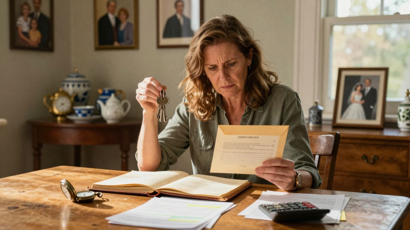 Mulher preocupada sentada à mesa com chaves, lendo documento entre papéis e livro aberto.