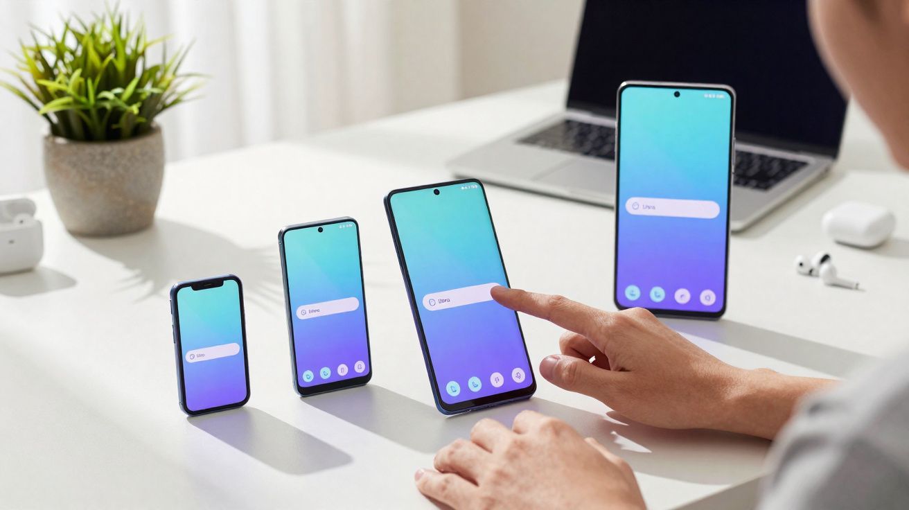 Pessoa a interagir com quatro smartphones de vários tamanhos numa mesa branca, com laptop e planta ao fundo.