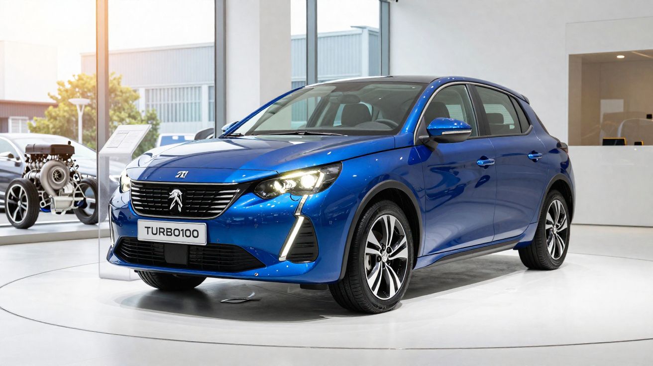 Carro azul Peugeot Turbo100 em exposição numa sala moderna com motor exposto ao lado.