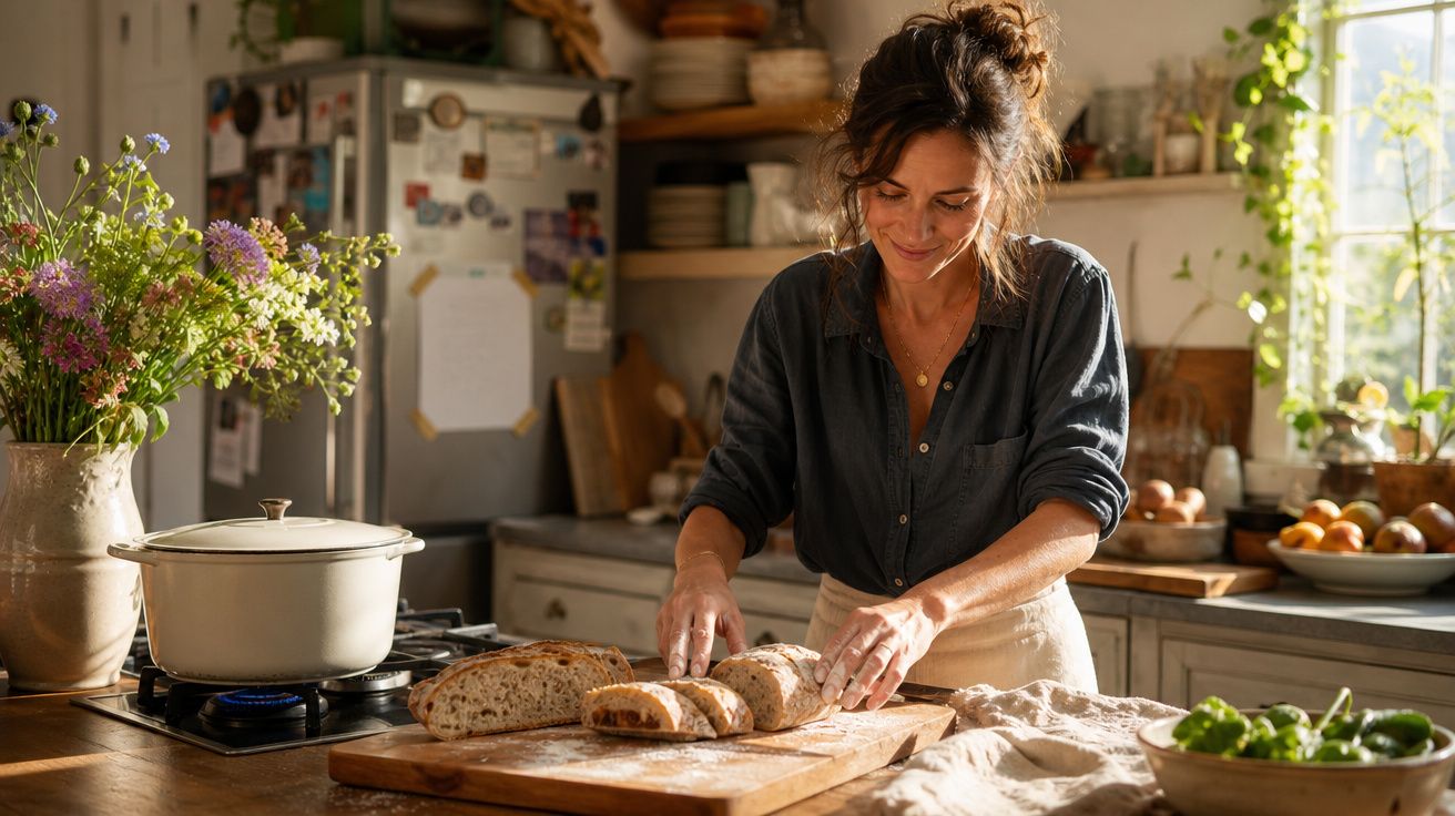 Mulher a cortar pão caseiro numa cozinha iluminada com plantas e utensílios ao fundo.