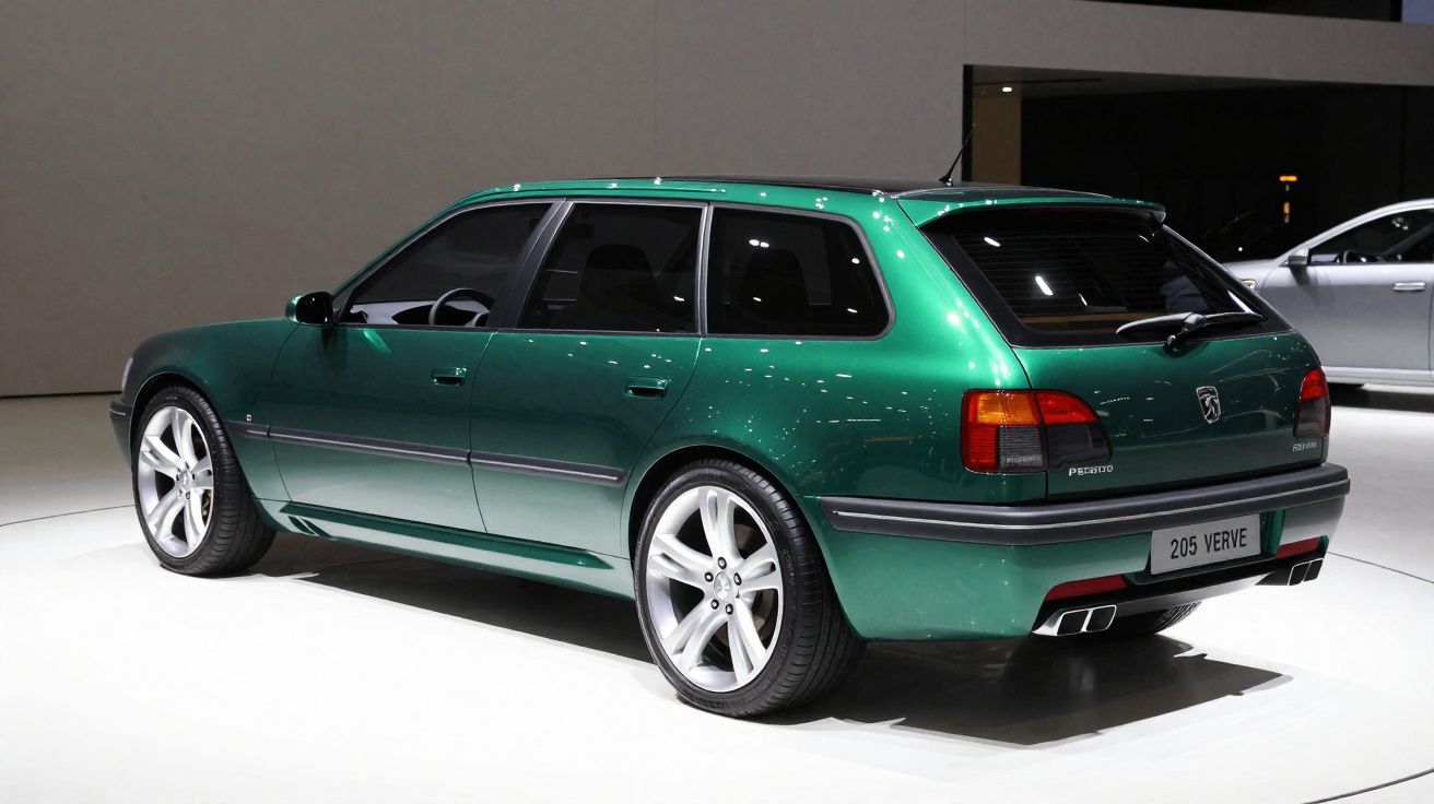 Carrinha Peugeot 205 verde metálico em exposição, vista traseira lateral direita.