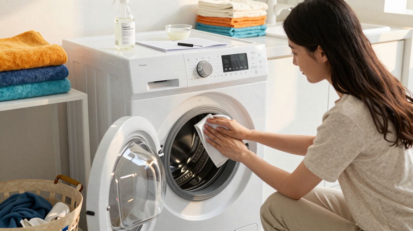 Mulher a limpar o interior de uma máquina de lavar roupa branca numa lavandaria doméstica.
