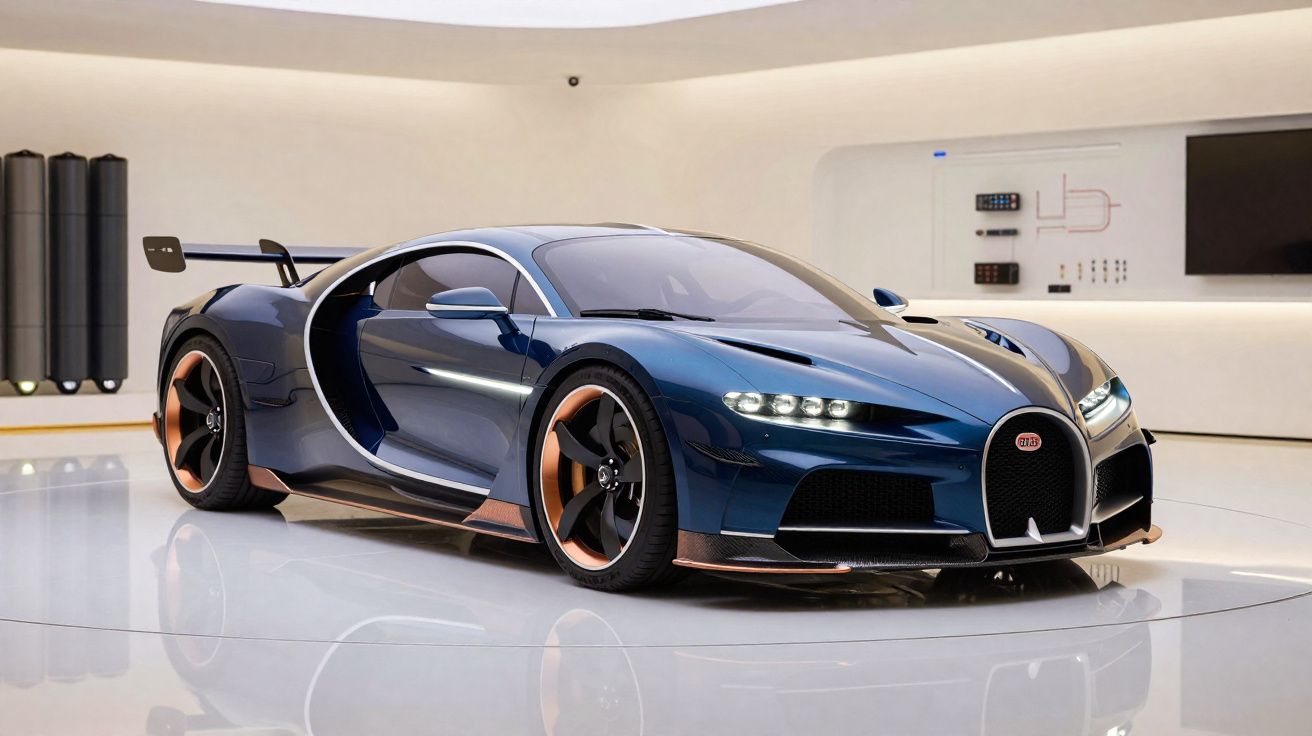 Carro desportivo Bugatti azul com detalhes bronze em sala moderna e iluminada.