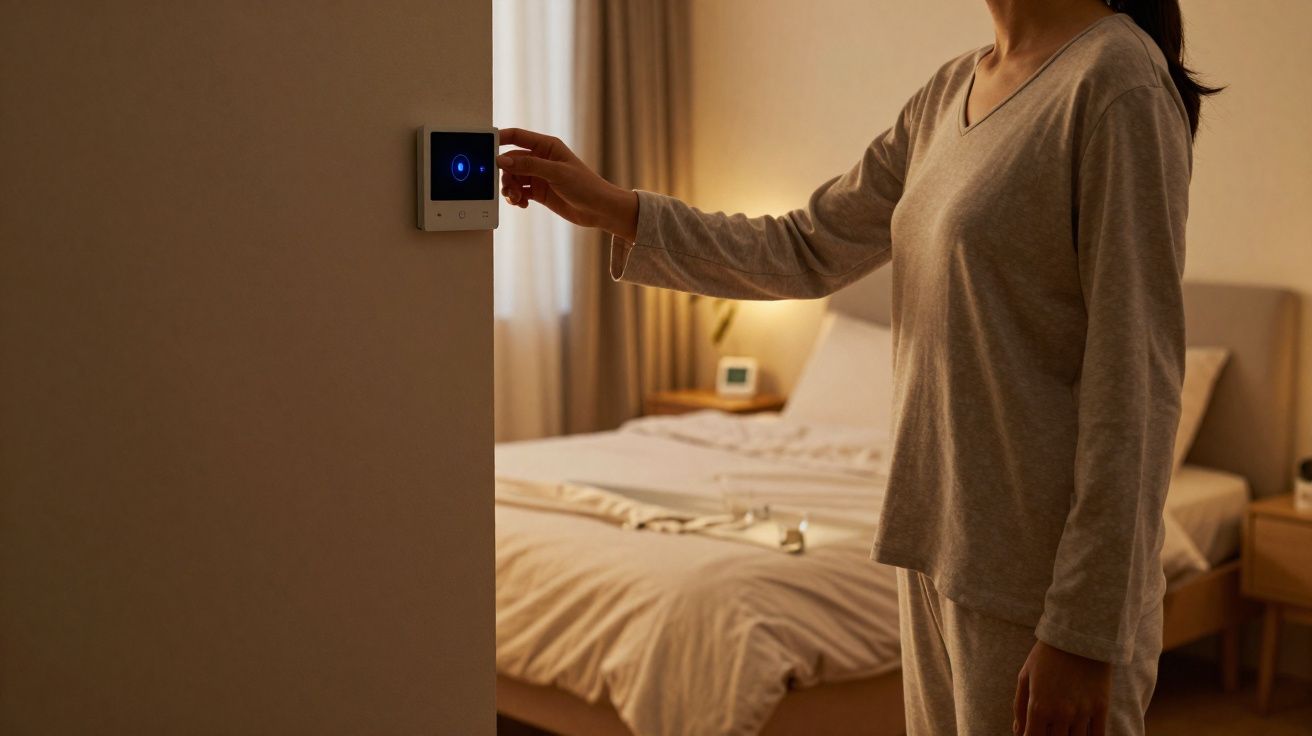 Pessoa em pijama ajusta termóstato digital na parede de quarto acolhedor com cama arrumada e cortinas claras.