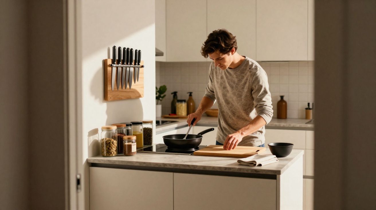 Homem a cozinhar numa cozinha moderna com utensílios e frascos organizados sobre o balcão.