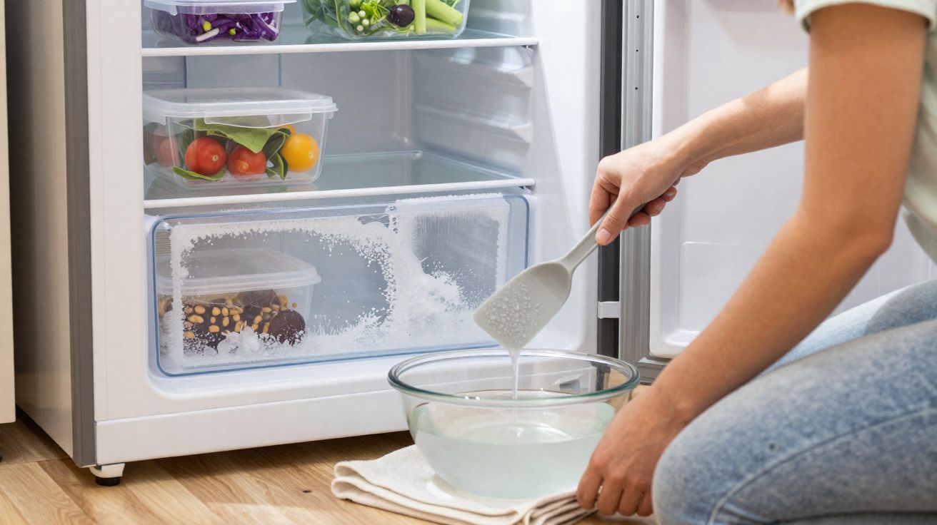 Pessoa a limpar o congelador do frigorífico com espátula e água numa tigela transparente no chão.