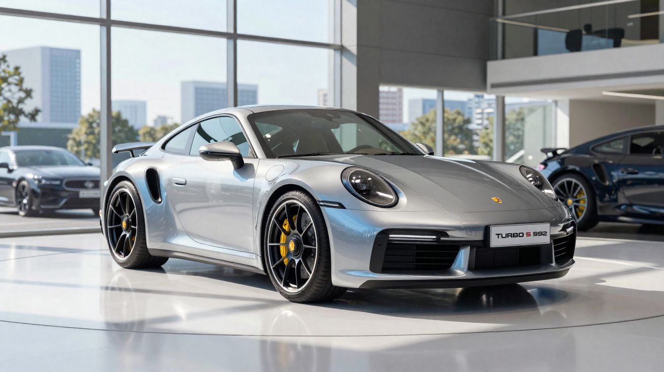 Carro desportivo Porsche Turbo S 992 prata exibido num salão moderno com janelas amplas e outros carros ao fundo.