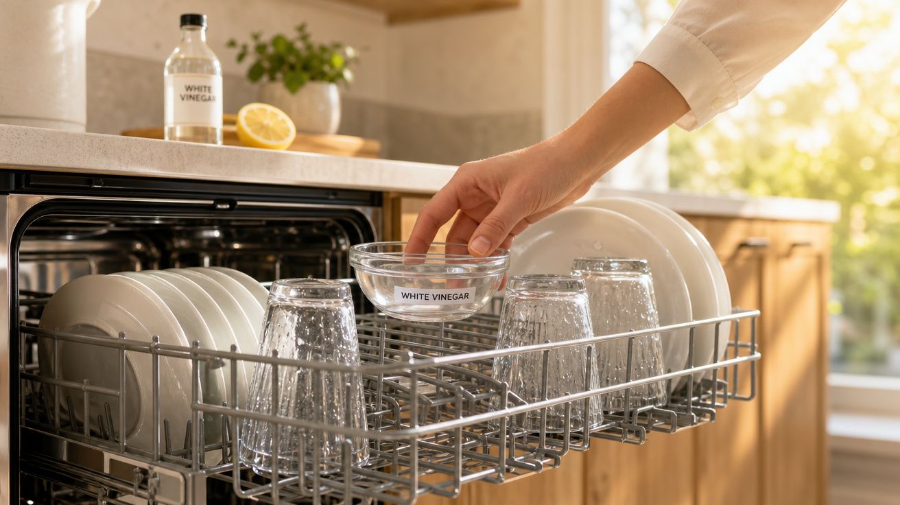 Mão a colocar um recipiente com vinagre branco dentro de uma máquina de lavar louça cheia de copos e pratos.