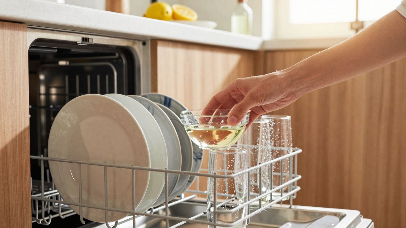Pessoa a colocar detergente na máquina de lavar loiça cheia de pratos e copos transparentes.