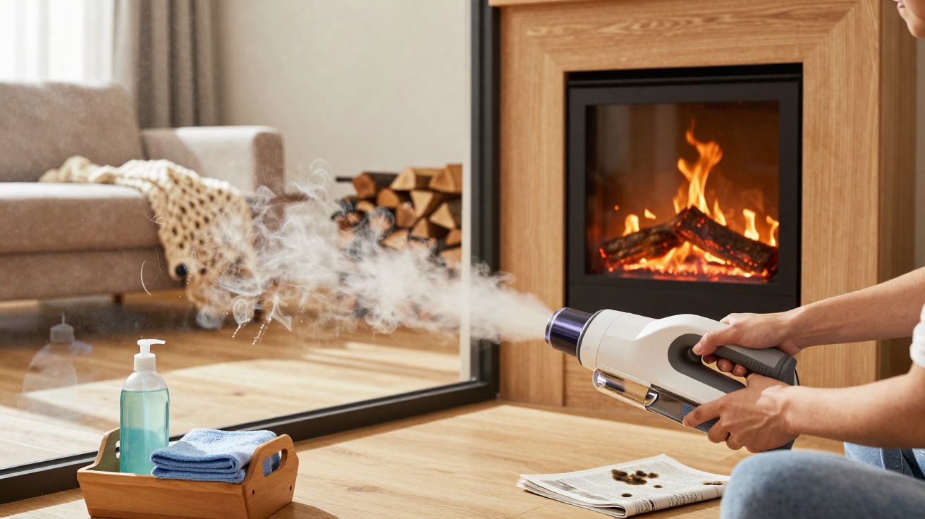 Pessoa a usar máquina de vapor para limpar chão junto a lareira com sopro de vapor visível.