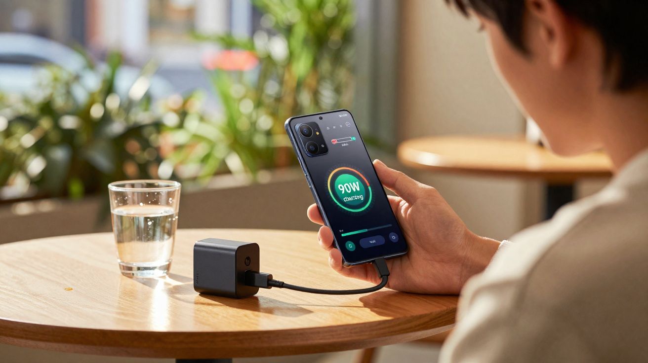 Pessoa a segurar telemóvel a carregar com carregador rápido de 90W numa mesa de madeira com copo de água.