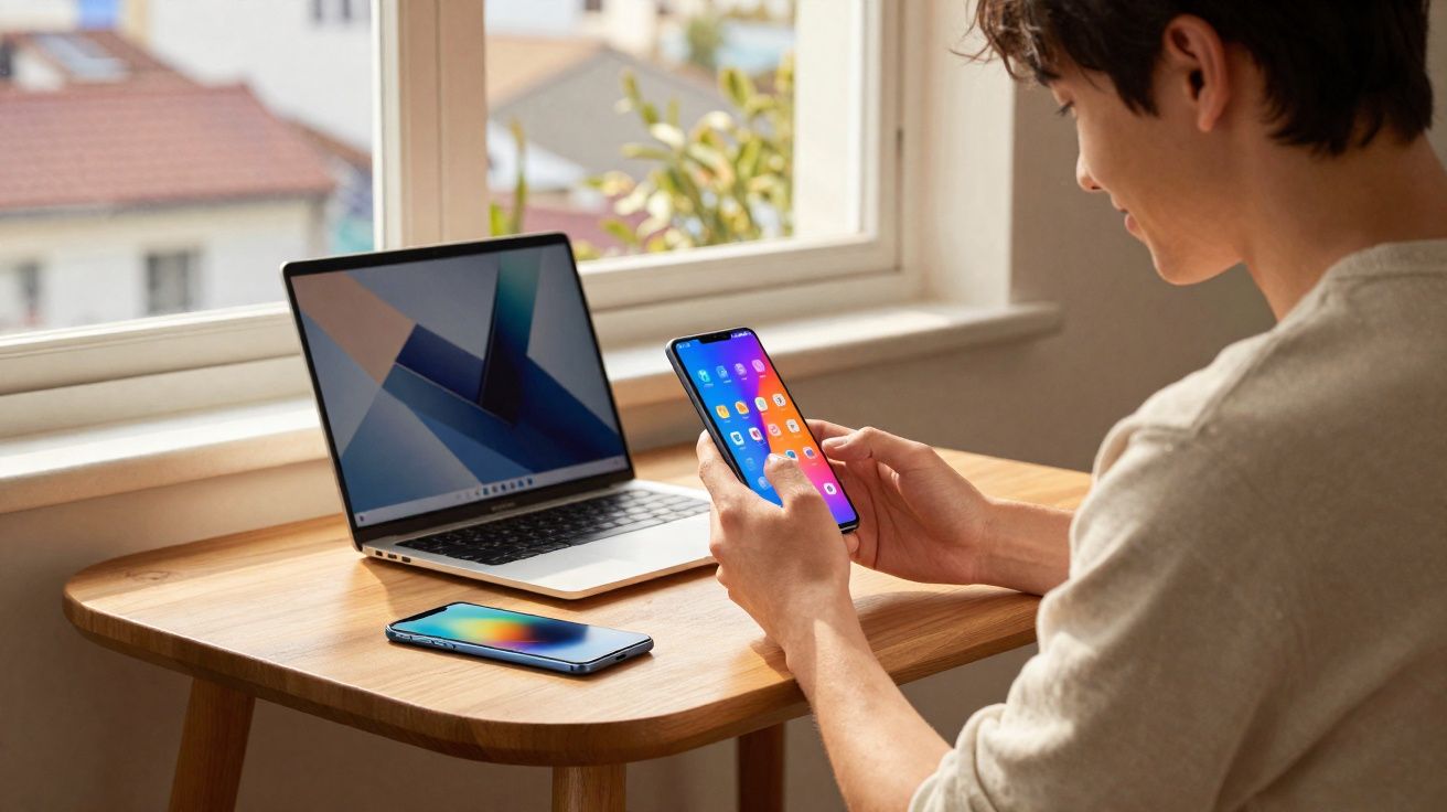 Pessoa jovem a usar smartphone, com computador portátil e outro telemóvel numa mesa junto à janela.