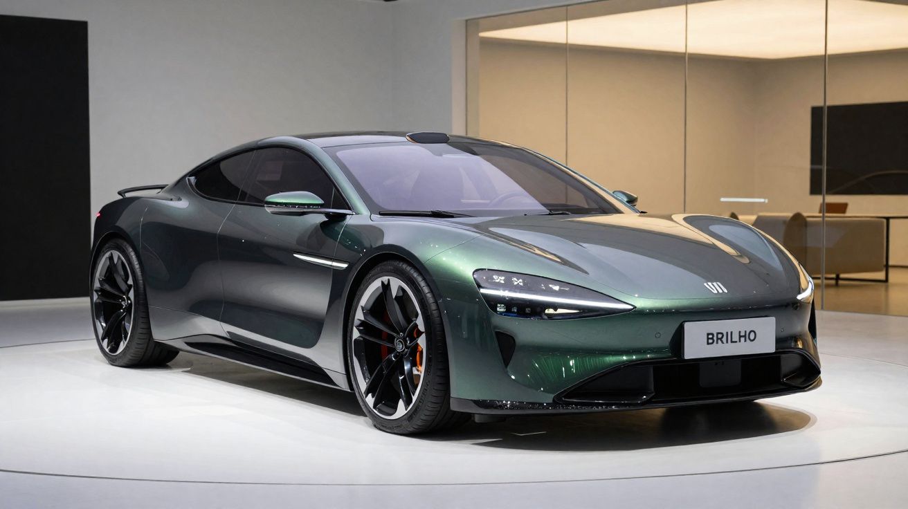 Carro desportivo elétrico verde escuro exibido num salão moderno com iluminação suave.