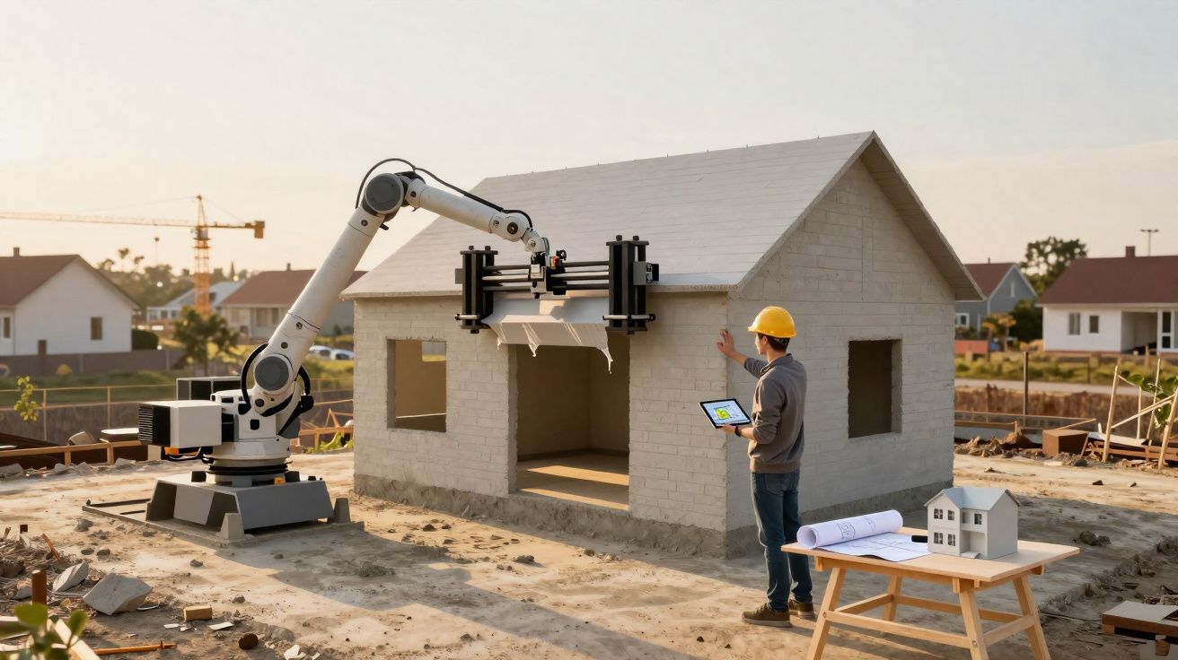 Robô de construção a imprimir uma casa em 3D, com engenheiro a controlar e maquete numa mesa ao lado.