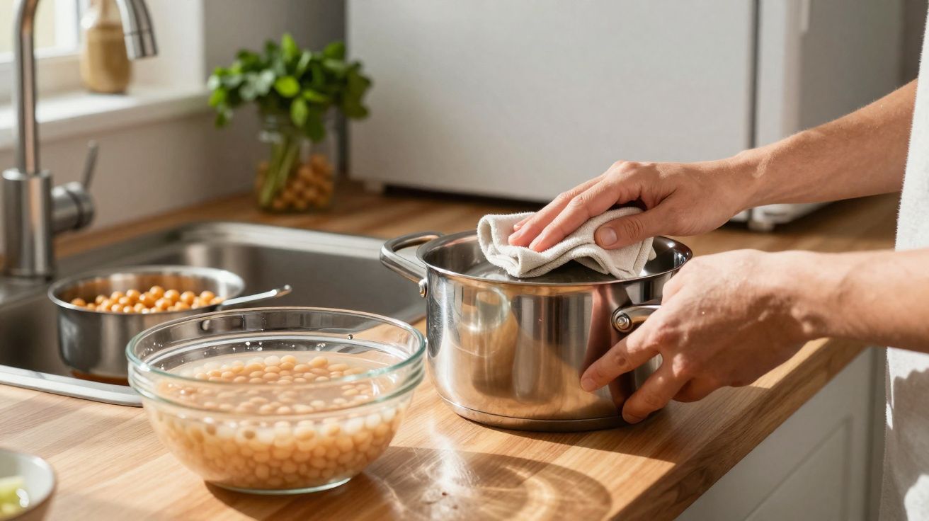 Mãos a limpar a tampa de um tacho de inox numa bancada de cozinha com tigelas ao fundo.