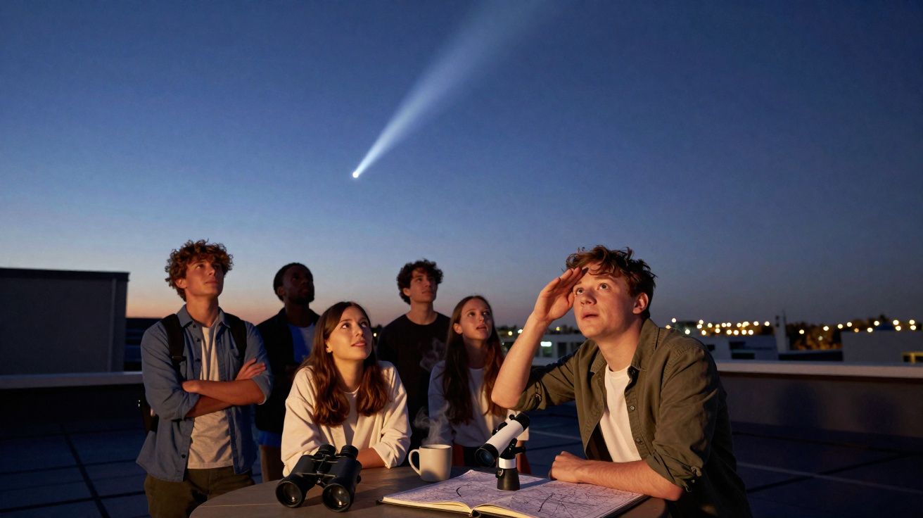 Grupo de jovens observando cometa no céu ao anoitecer numa varanda com binóculos e telescópio.