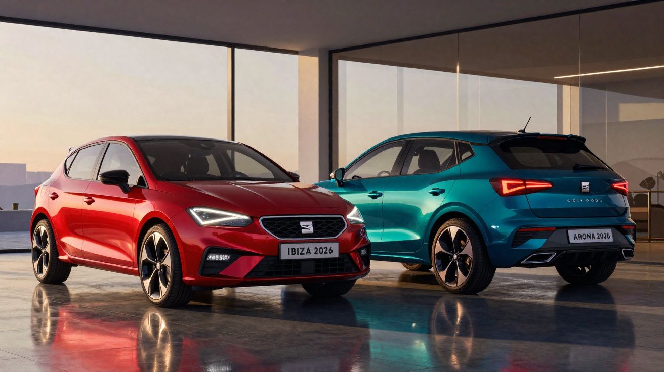 Dois carros SEAT modernos: um vermelho Ibiza 2026 e um azul Arona 2026 em showroom com grandes janelas.