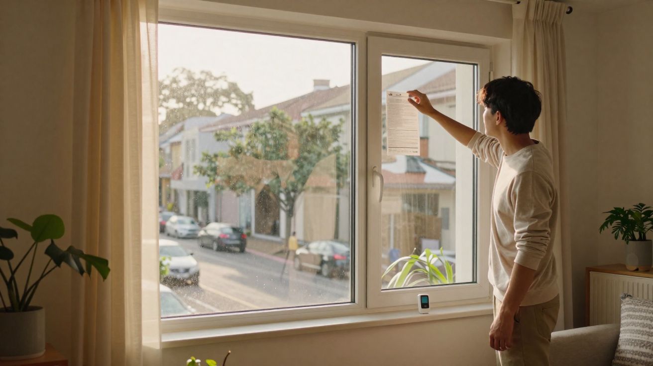 Homem a colar um papel na janela de uma casa com vista para uma rua e carros estacionados.