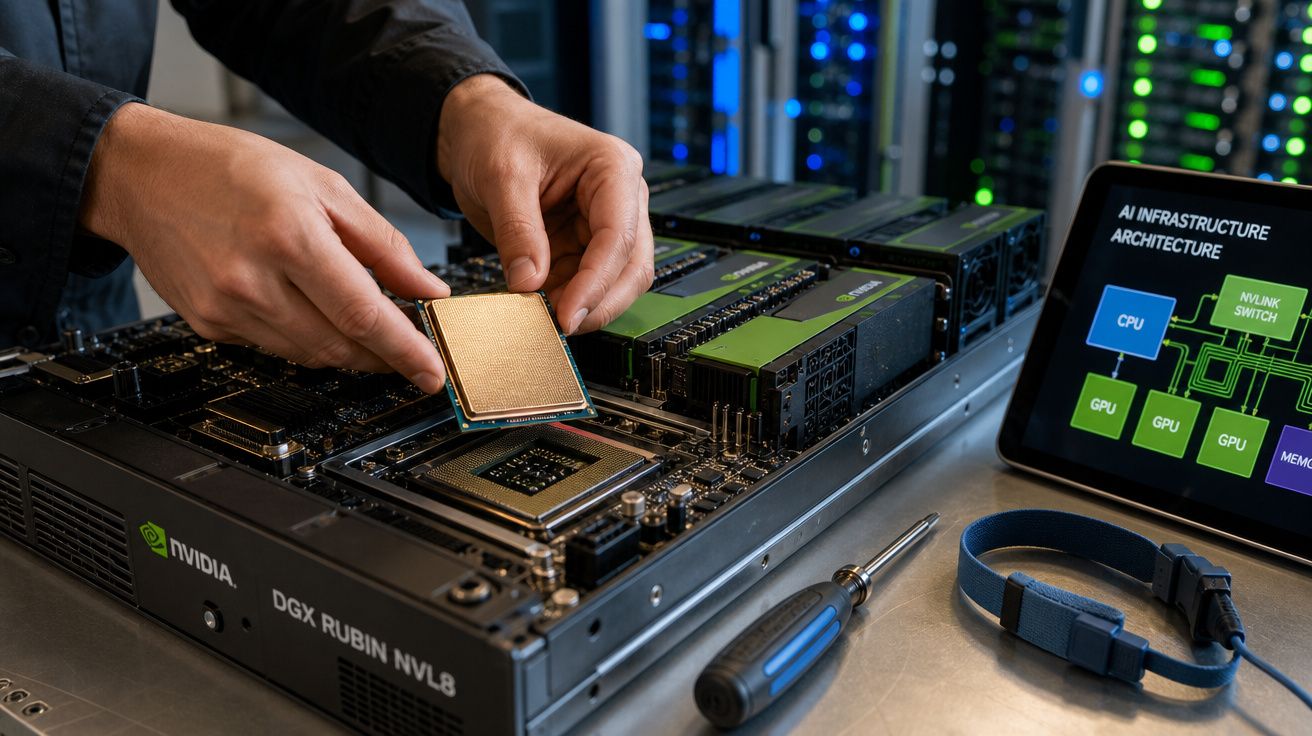 Mãos a instalar um processador numa placa NVIDIA DGX RYUBIN NVL8 com monitor a mostrar arquitetura AI ao fundo.