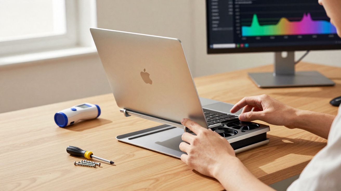 Pessoa a instalar um suporte de ventilação com ventoinhas num computador portátil Apple num escritório.