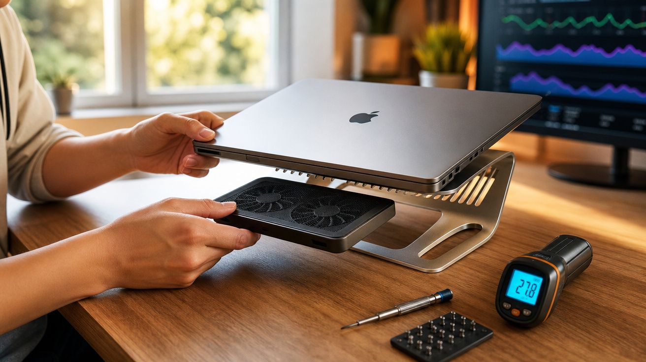 Pessoa a colocar cooler de arrefecimento sob portátil Apple num suporte metálico numa secretária com ferramentas e termómetro