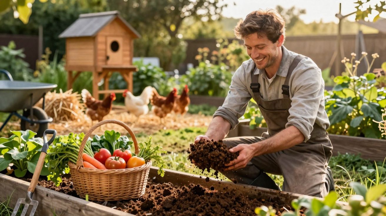 Homem a trabalhar num jardim com cesto de legumes frescos e galinhas ao fundo.
