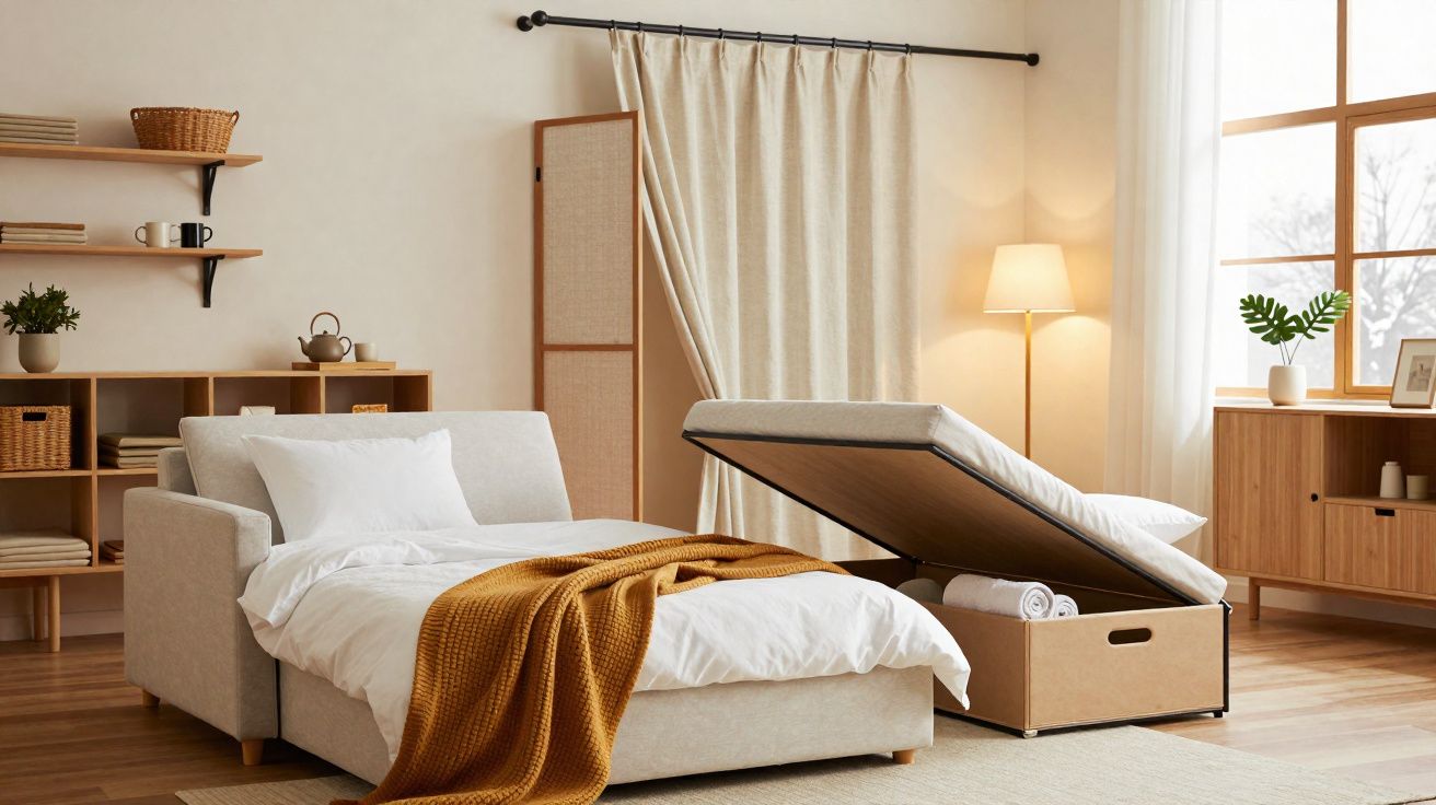 Sofá-cama aberto com manta castanha, prateleiras, cortinas, candeeiro e móvel de madeira numa sala iluminada.