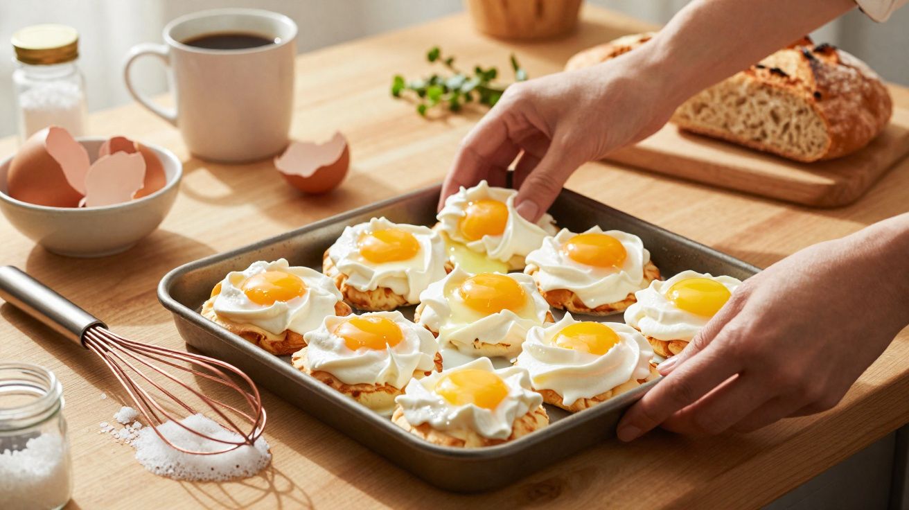 Tabuleiro com ovos nevados acabados de fazer, mãos a segurarem-no numa cozinha com pão e café ao fundo.