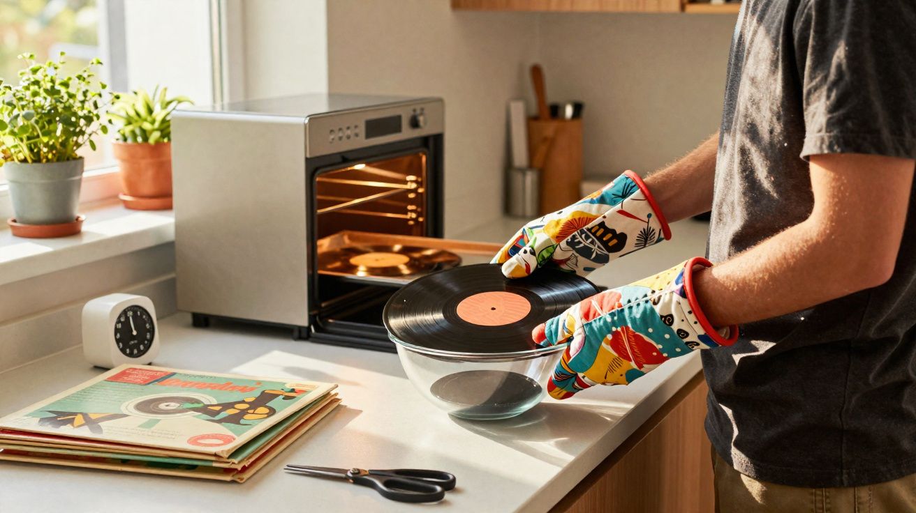 Pessoa a segurar disco de vinil com luvas coloridas perto de forno elétrico na cozinha.