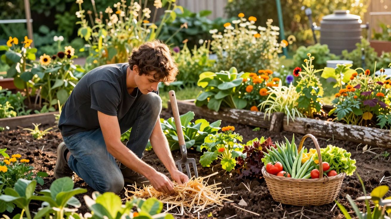 Jovem a cuidar de plantas numa horta ensolarada com cesta cheia de legumes frescos ao lado.