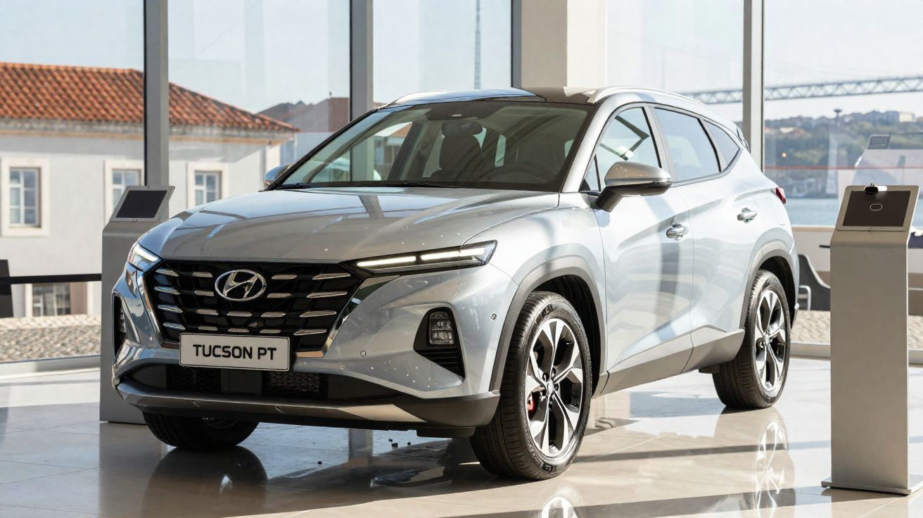Automóvel Hyundai Tucson PT prateado exibido numa sala de exposição com chão refletor e janelas amplas.