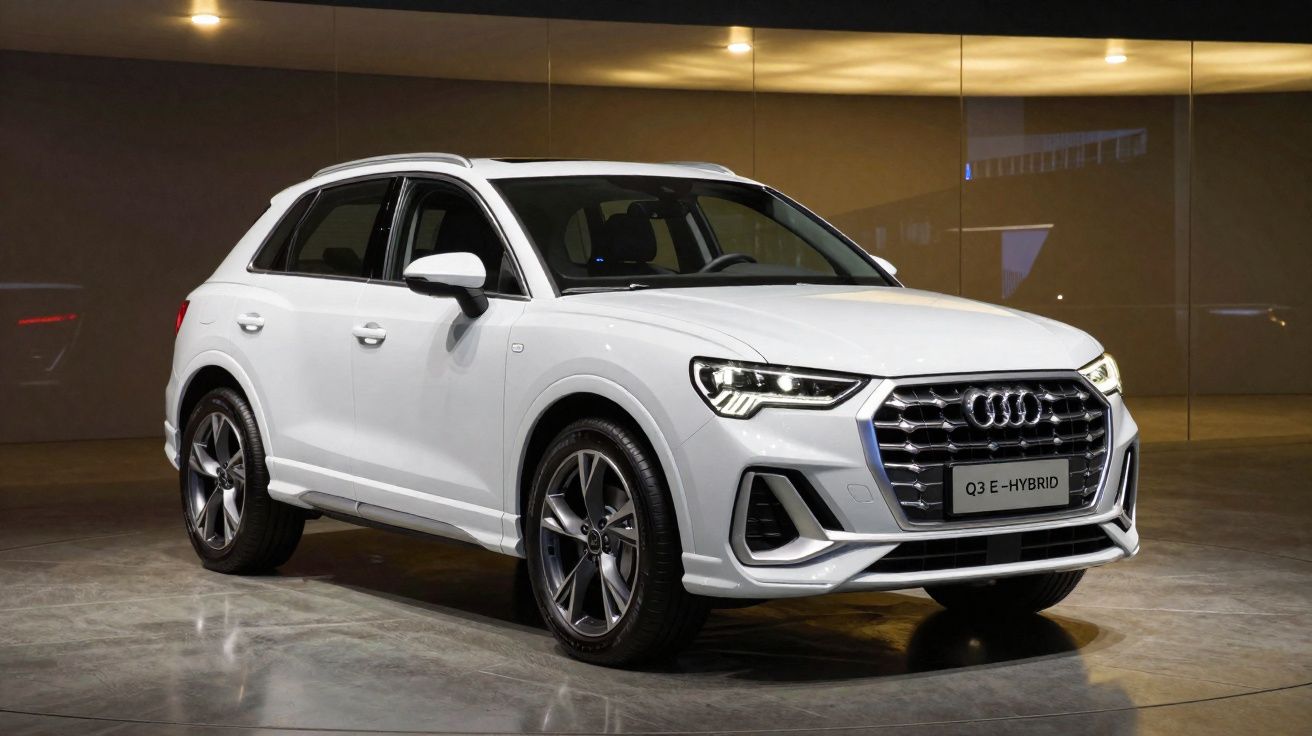 SUV Audi Q3 E-Hybrid branco estacionado em ambiente interior com iluminação artificial.