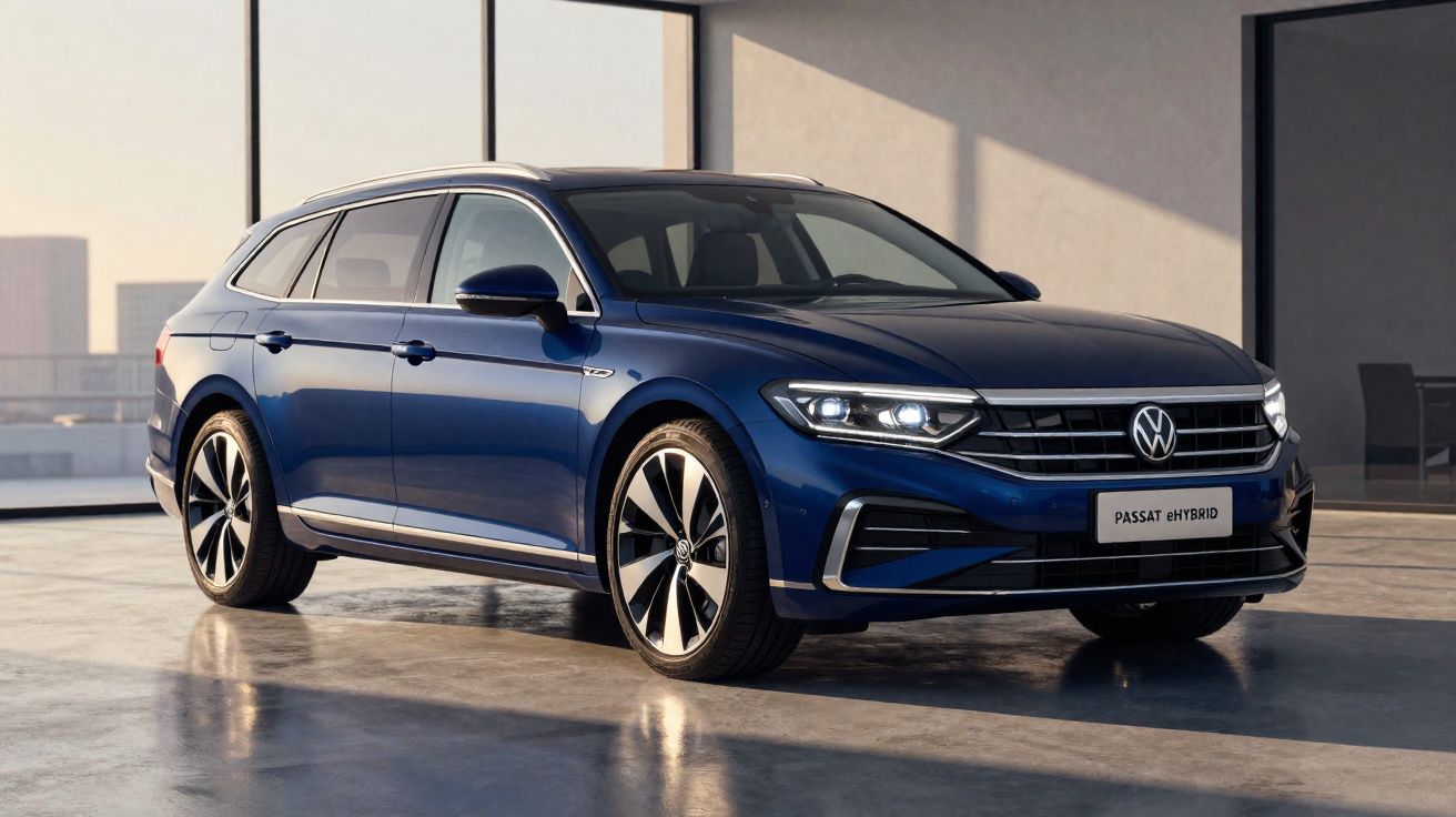 Volkswagen Passat eHybrid carrinha azul estacionada em piso interior com luz natural.