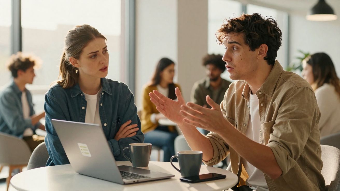 Duas pessoas numa conversa séria numa mesa com computador portátil e canecas, outras pessoas ao fundo num ambiente informal.