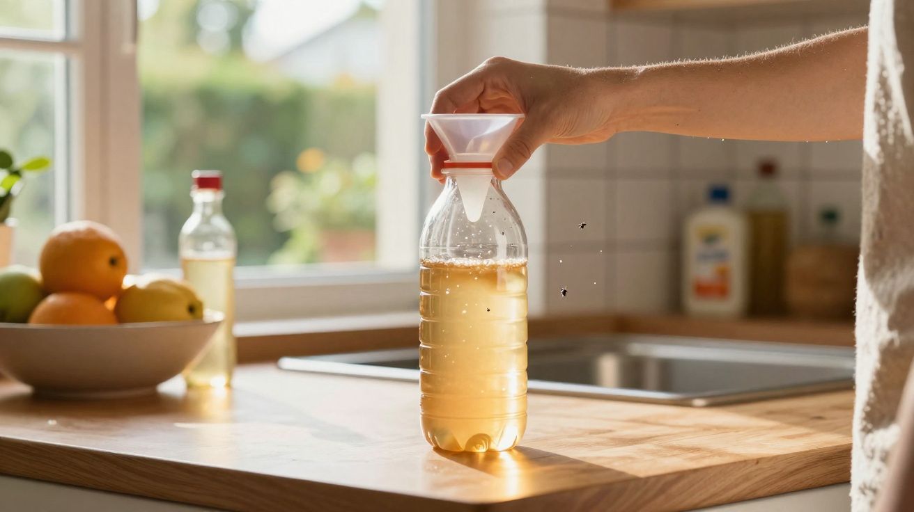 Pessoa a colocar armadilha caseira com líquido amarelo num frasco de plástico numa cozinha iluminada.