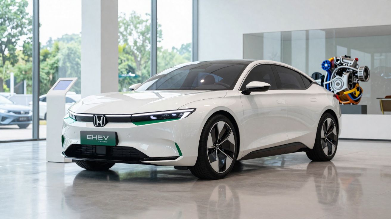 Carro elétrico branco Honda EHEV exposto em showroom moderno com grande janela de vidro.