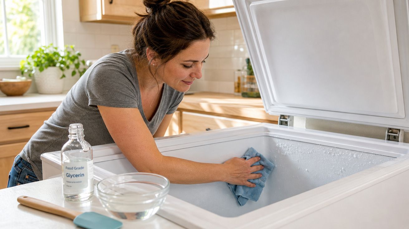 Mulher a limpar o interior de um congelador branco com um pano azul numa cozinha bem iluminada.