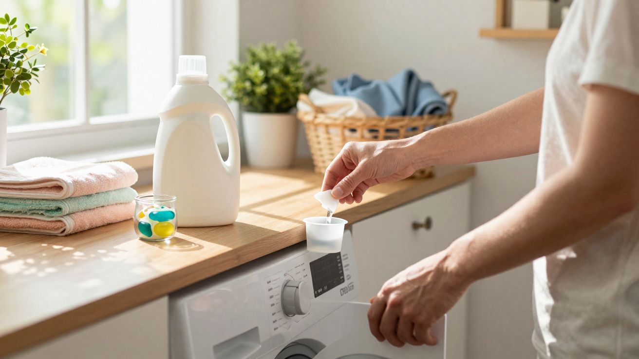 Pessoa a colocar detergente na máquina de lavar roupa numa lavandaria doméstica bem iluminada.