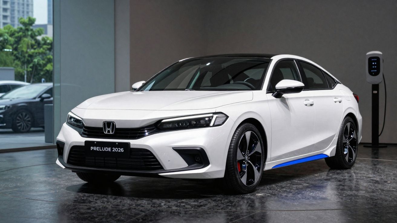 Carro Honda Prelude 2026 branco estacionado em interior moderno junto a posto de carregamento elétrico.