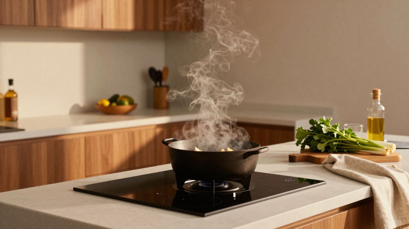 Panela com vapor a cozinhar numa placa de fogão numa cozinha moderna com bancada de pedra e ervas frescas.